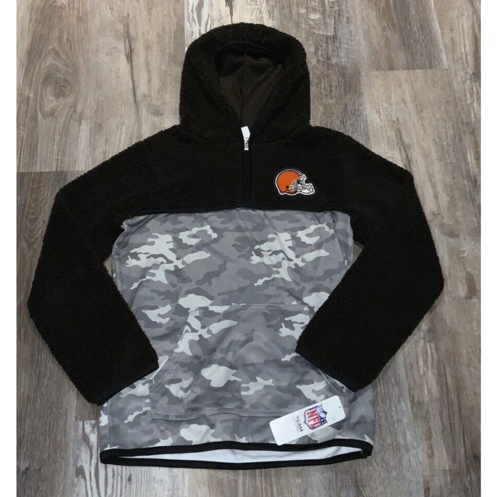 NFL Team Apparel Boys Brown Camo‎ 1/4 Zip CLEVELAND BROWNS Hoodie Size L (12/14)